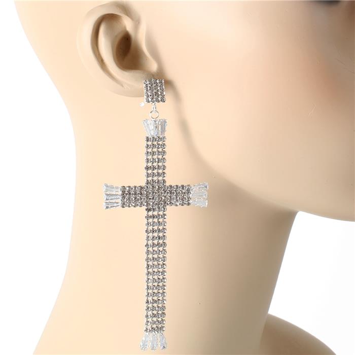 Rhinestones Long Cross Earring