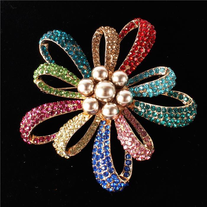 Rhinestones Pearls Flowers Brooch