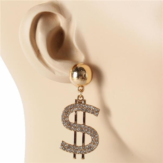 Metal Stones Money Sign Earring