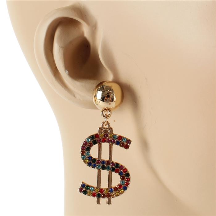 Metal Stones Money Sign Earring