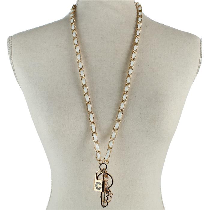 Metal Leather Chain Long Key Necklace