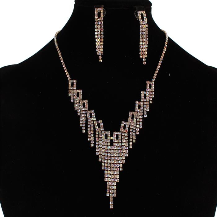 Rhinestones Fringeds Rectangle Necklace Set