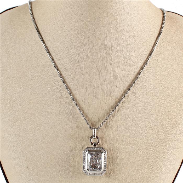 Rhodium Cubic Zirconia Pendant Rectangle Necklace