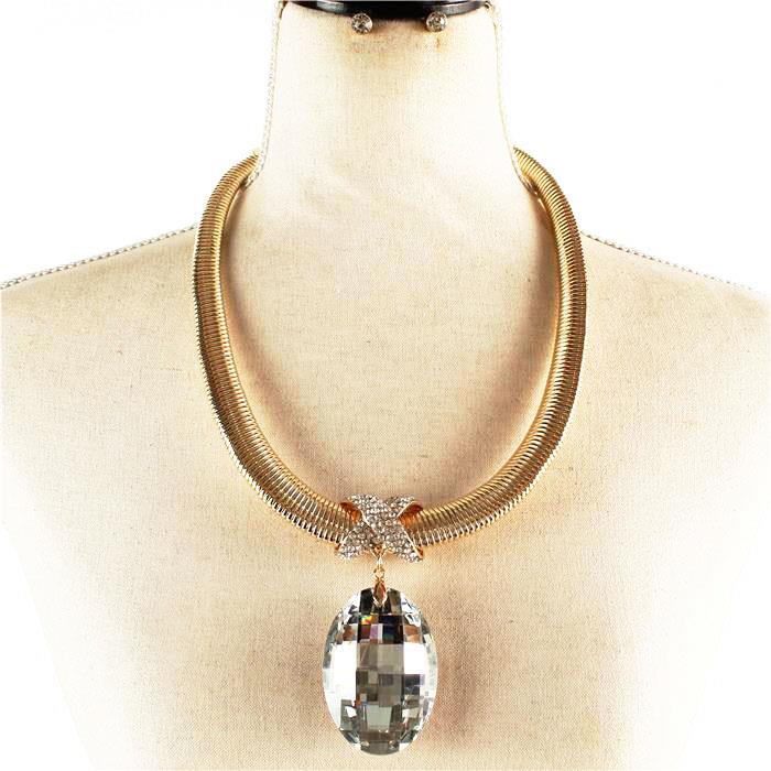 Metal Omega Crystal Oval Necklace Set