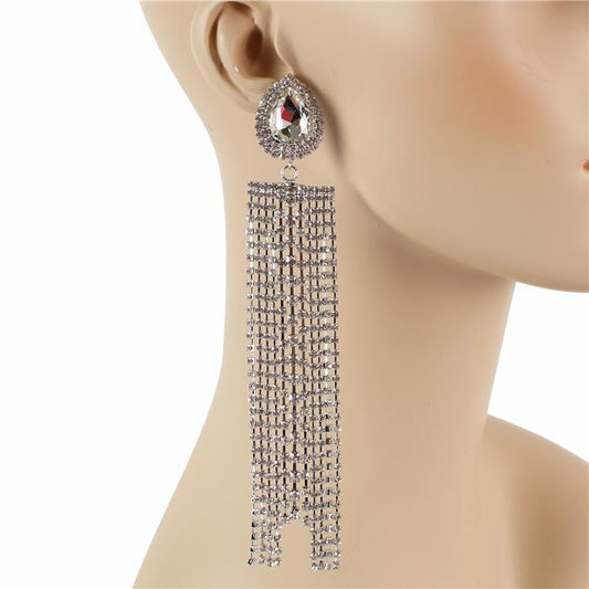 Rhinestones Fringes Long Earring