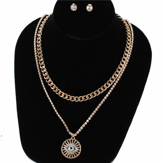 Evil Eye Metal Link Layered Necklace Set