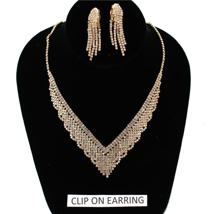 Clip On Rhinestones Necklace Set