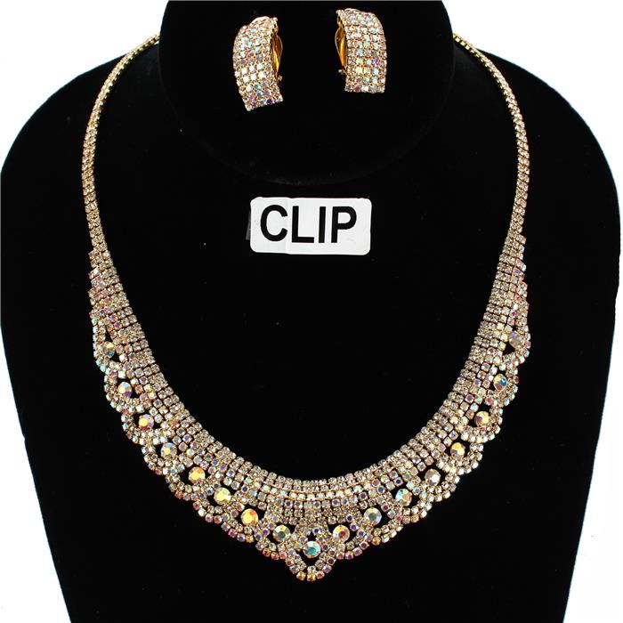 Clip On Rhinestones Necklace Set