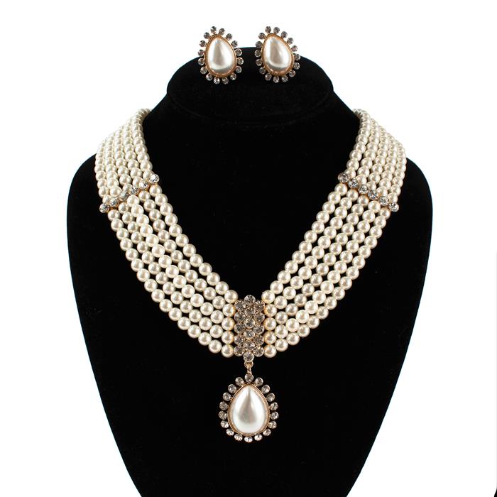 Clip On Pearl 5 Row Necklace Set