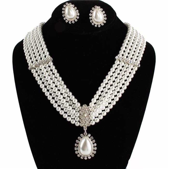 Clip On Pearl 5 Row Necklace Set