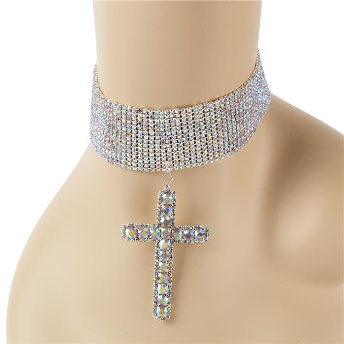 15 Row Rhinestones Cross Charm Choker Set