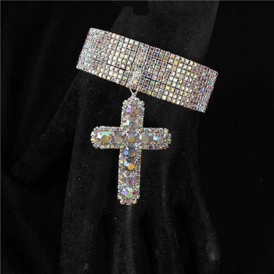 9 Row Rhinestones Cross Charm Cuff Bangle