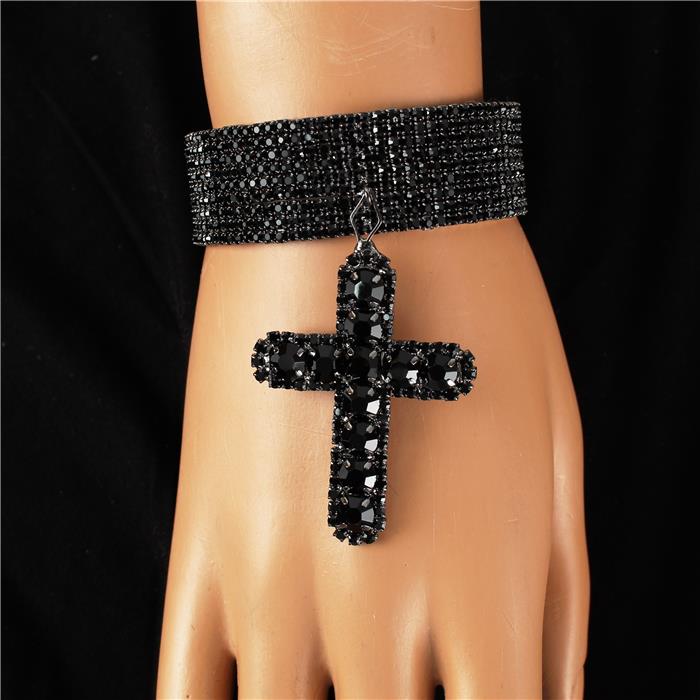 9 Row Rhinestones Cross Charm Cuff Bangle