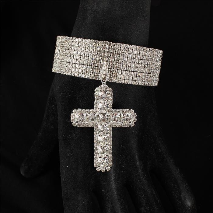 9 Row Rhinestones Cross Charm Cuff Bangle