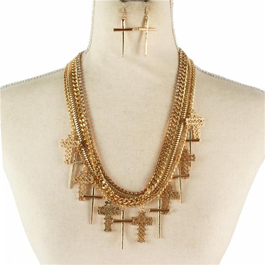 Multy Layered Cross Charm Necklace Set