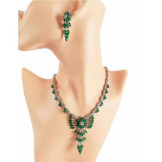 Cubic Zirconia Green Flower Necklace Set