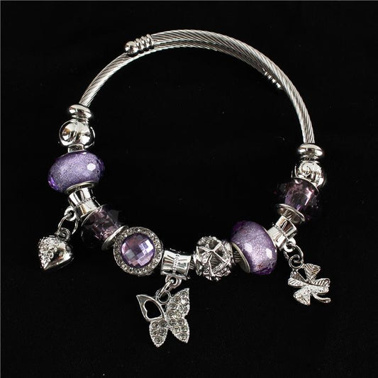 Silver With Purple Stones Charm Cuff Bangle