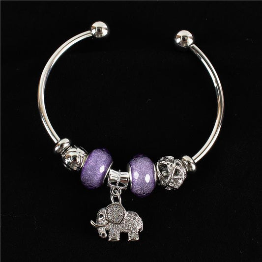 Silver With Purple Stones Elephont Charm Cuff Bangle