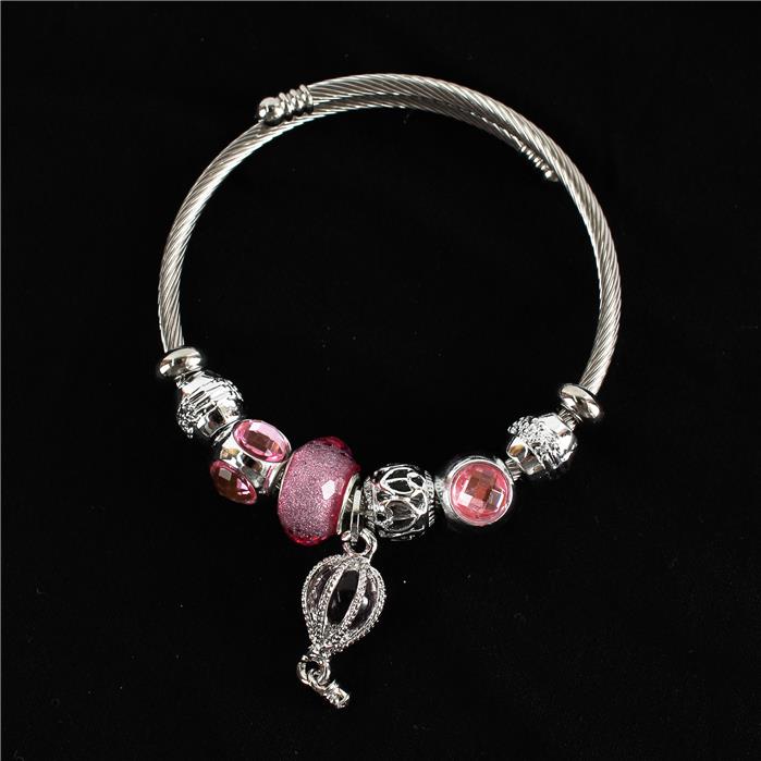 Silver With Pink Stones Charm Cuff Bangle