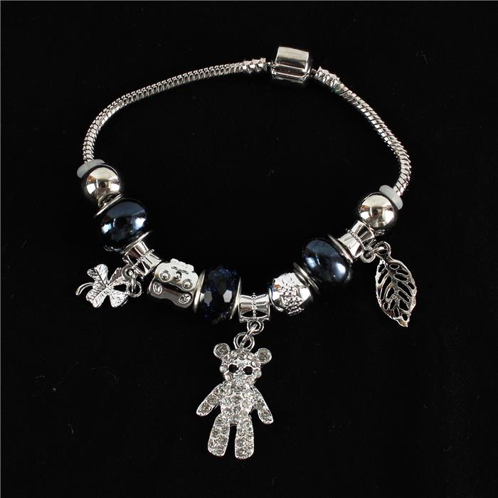 Silver With Black Stones Bear Charm Bracelet