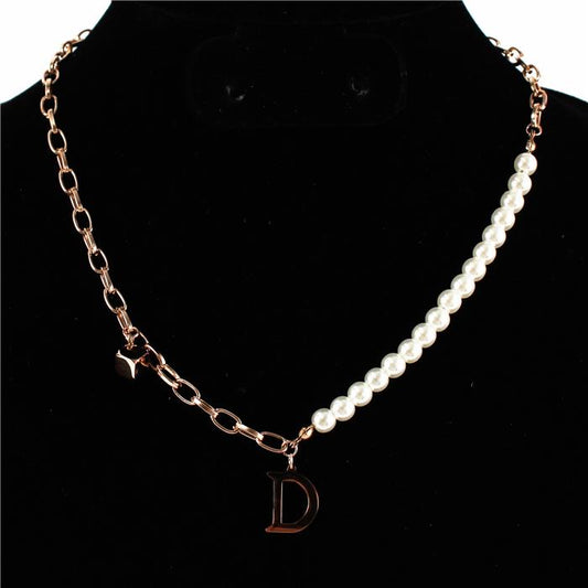 Stainless Steel  Pearl With Rose Gold Chain Necklace