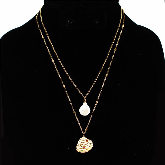 Stainless Steel Shell With Pearl Charm Dobble Layered Necklace