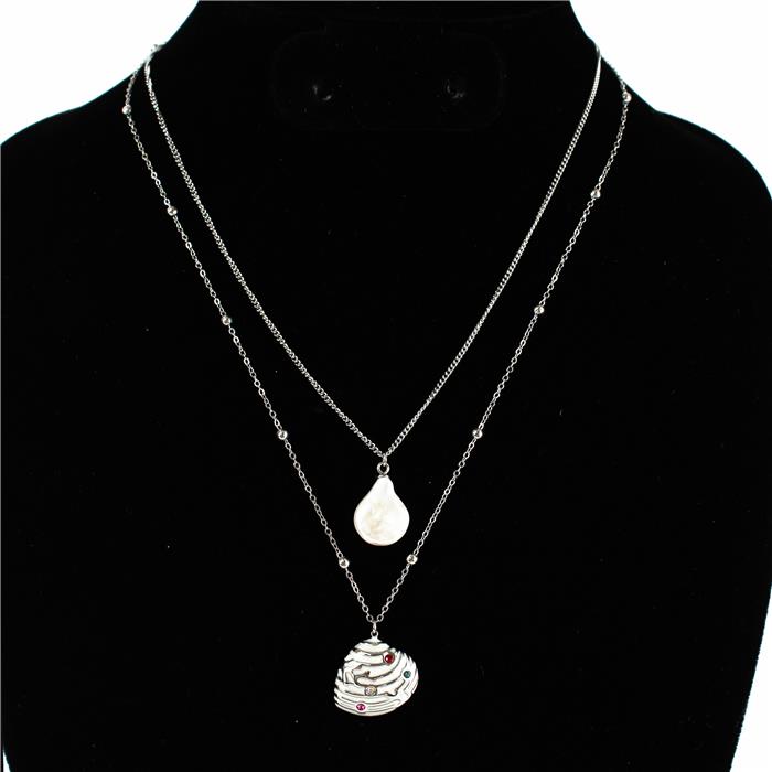 Stainless Steel Shell With Pearl Charm Dobble Layered Necklace