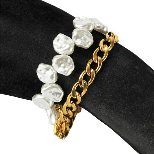 Stainless Steel With Pearl Dobble Layered Link Chain Bracelet