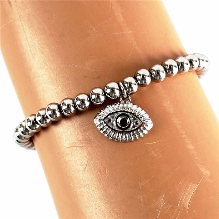 Stainless Steel Evil Eye Charm Ball Stretch Bracelet