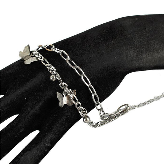 Stainless Steel Butterfly Charm Dangle 2 Layered Bracelet