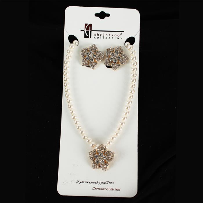 Pearl With Rhinestone Flower Necklace Set