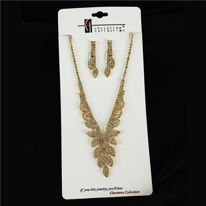 Rhinestone Leaf Drop Necklace Set