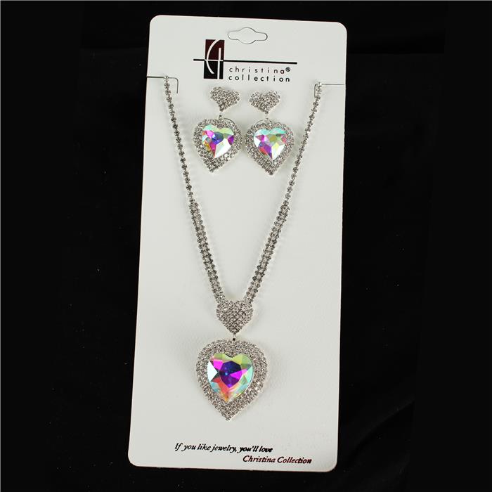 Rhinestone Chunky Heart Charm Necklace Set