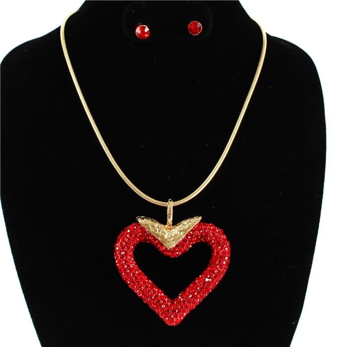 Fashion Red Stone Heart Charm Necklace Set