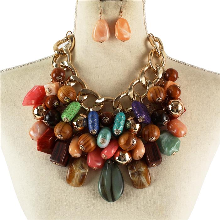 Chunky Semi Stone With Wooden Necklace Set