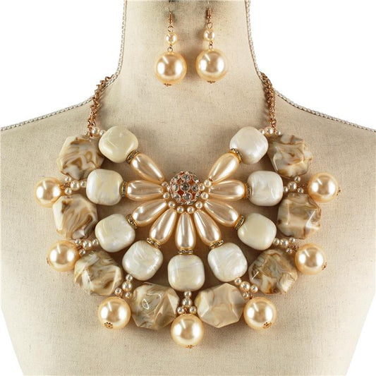 Chunky Semi Stone With Pearl Necklace Set