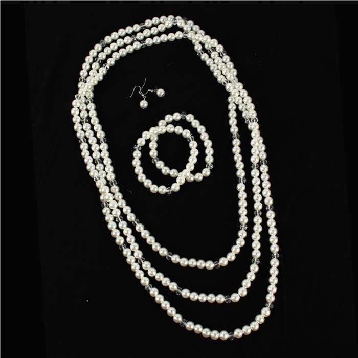 3 PC Set 50 INC Long Pearl Necklace With Bracelet And Earring