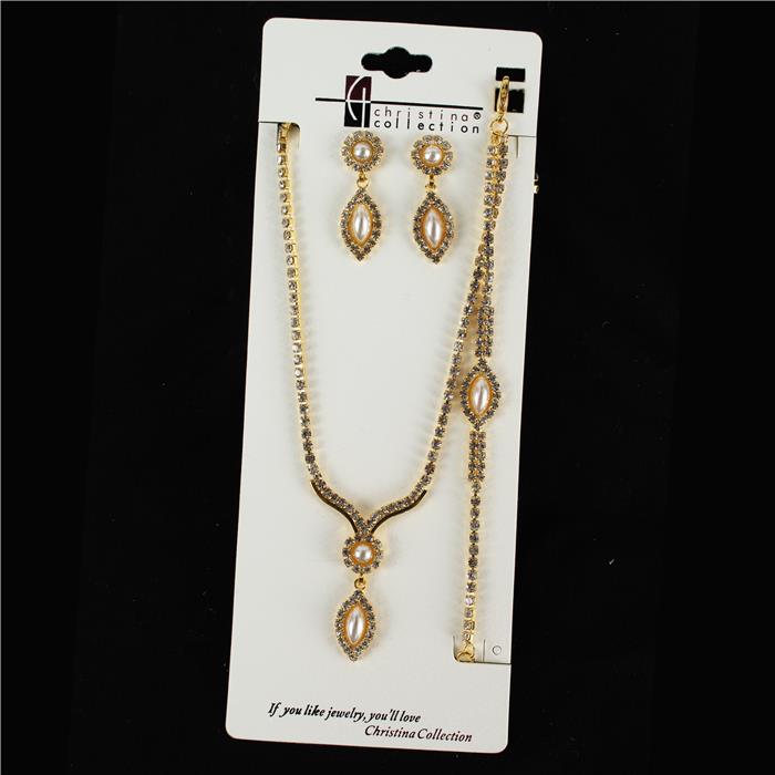 3 PC Junior Rhinestone With Pearl Necklace Set