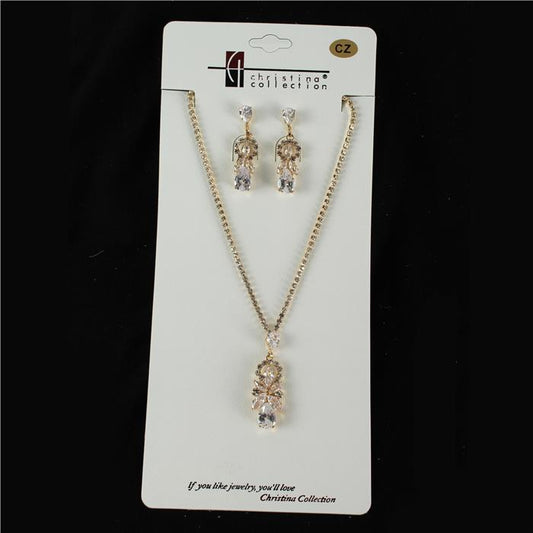 Cubic Zirconia Teardrop Flower Charm Necklace Set