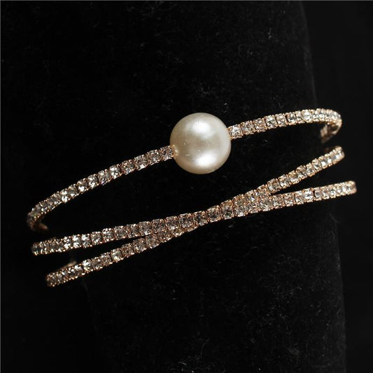 Rhinestone With Pearl 3 Row Cuff Bangle