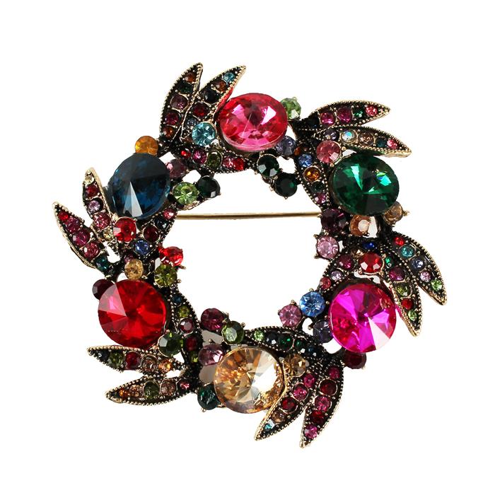 Crystal / Flower Round Brooch