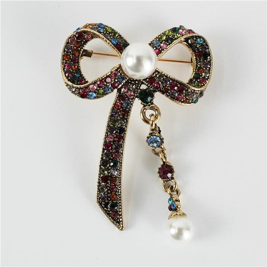 Pearl With Rhinestone Bow Brooch