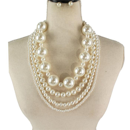 Pearl 4 Row Chunky Long Necklace Set