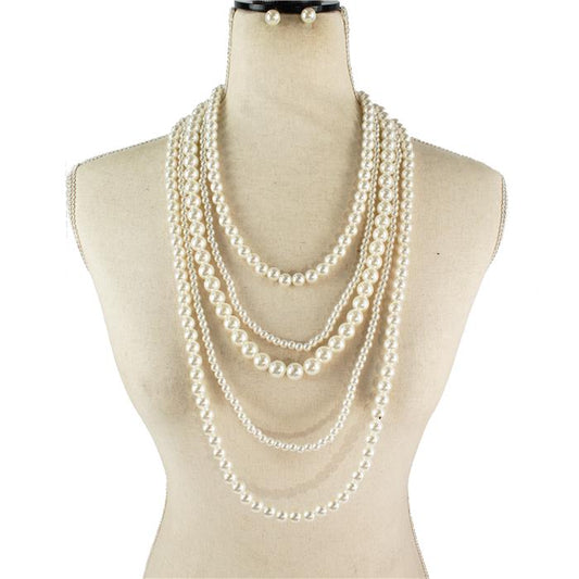 Pearl 5 Row Long Necklace Set