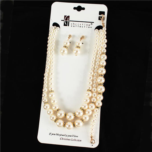 3 PC Pearl 2 Row Necklace Set