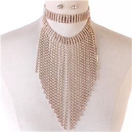 Rhinestones Fringed Choker Necklace Set