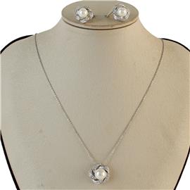 CZ Flower With Pearl Necklace Set