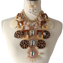 Fashion Wood Square Animl Print Necklace Set