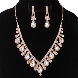 Rhinestones Teardrop With Clip-On Earring Necklace Set