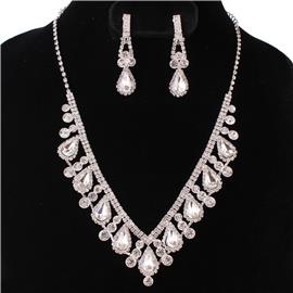 Rhinestones Teardrop With Clip-On Earring Necklace Set